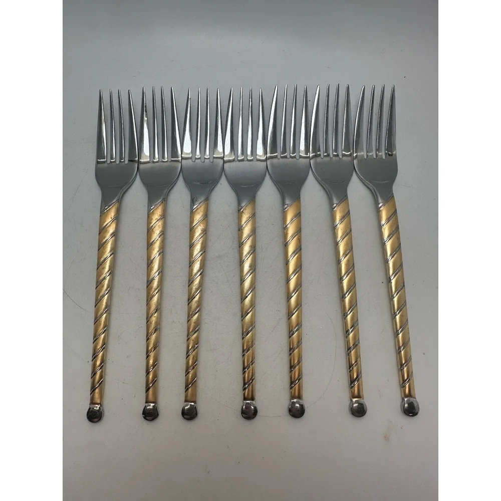 Cambridge Uptown Frosted Twist Ball Tip Salad Forks Set of 7 Gold Silver